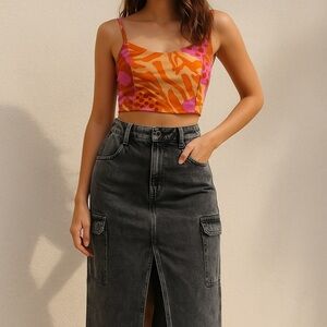 NWT Love, Fire Black Washed Denim Midi Cargo Skirt 3 (Juniors) or XS (Women’s)